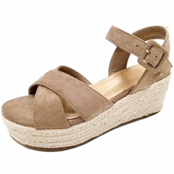 Shoes - New Taupe Cross Straps Wedge Espadrille Sandals